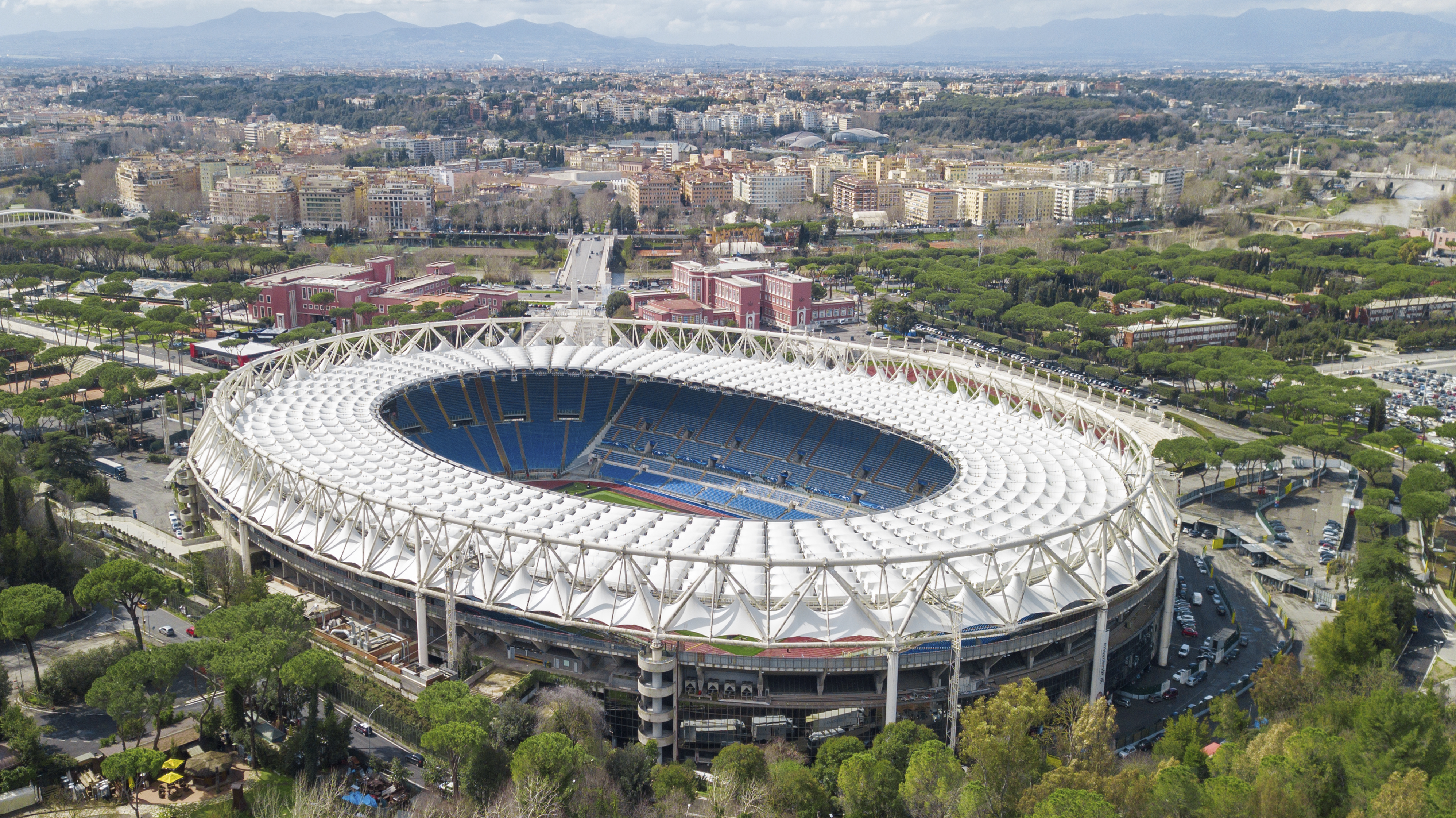 Aerial view of the Olympic Stadium in Rome, Italy. On this field are