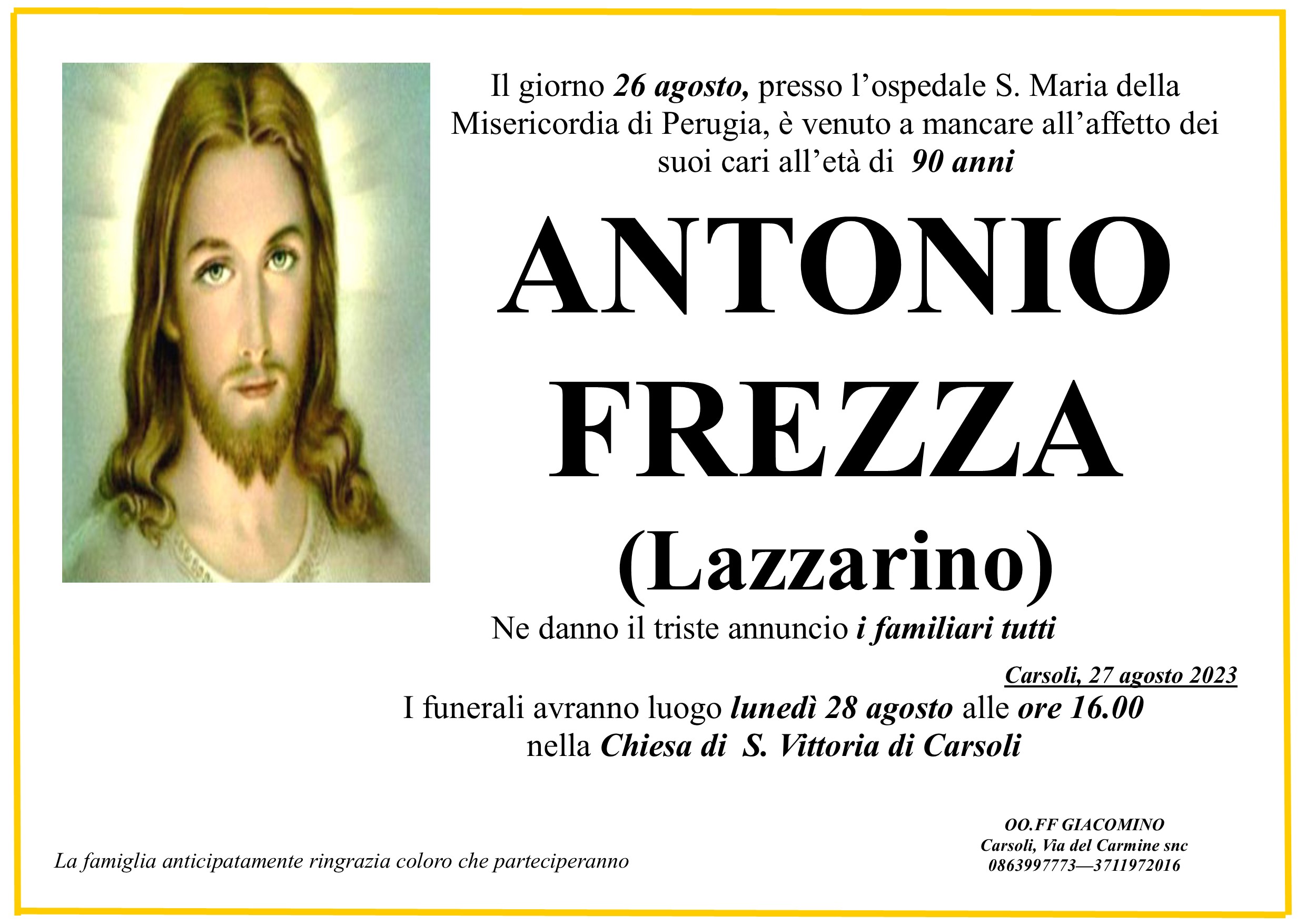 Lutto A Carsoli Per La Scomparsa Di Antonio Frezza Lazzarino Confinelive